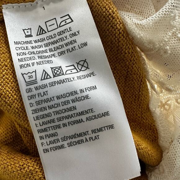 LOGO Lori Goldstein Cardigan Sweater Lace Trim Cottage Mustard Gold Pockets Fall - Picture 8 of 8